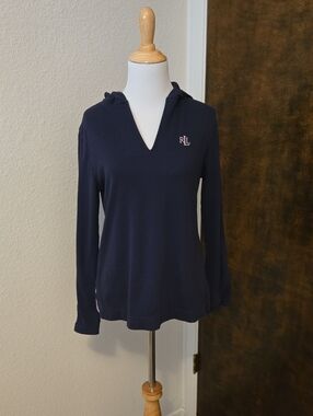 Lauren Ralph Lauren Navy V-Neck Hoodie with Light Pink Accents
